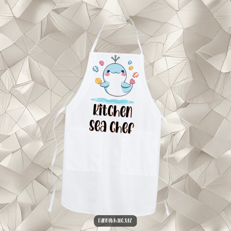 Funny apron illustration of a whale juggling seashells, designed for kitchen fun and as a humorous funny gift.