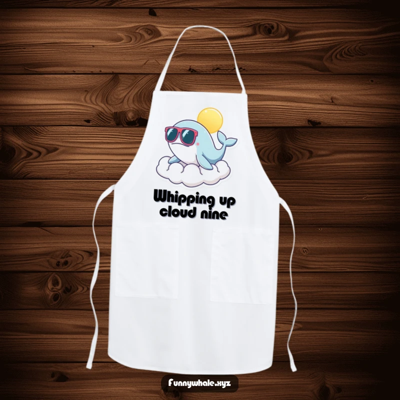 Funny whale wearing sunglasses basking on a cloud, a humorous apron for anyone who loves to cook with cheerful vibes.