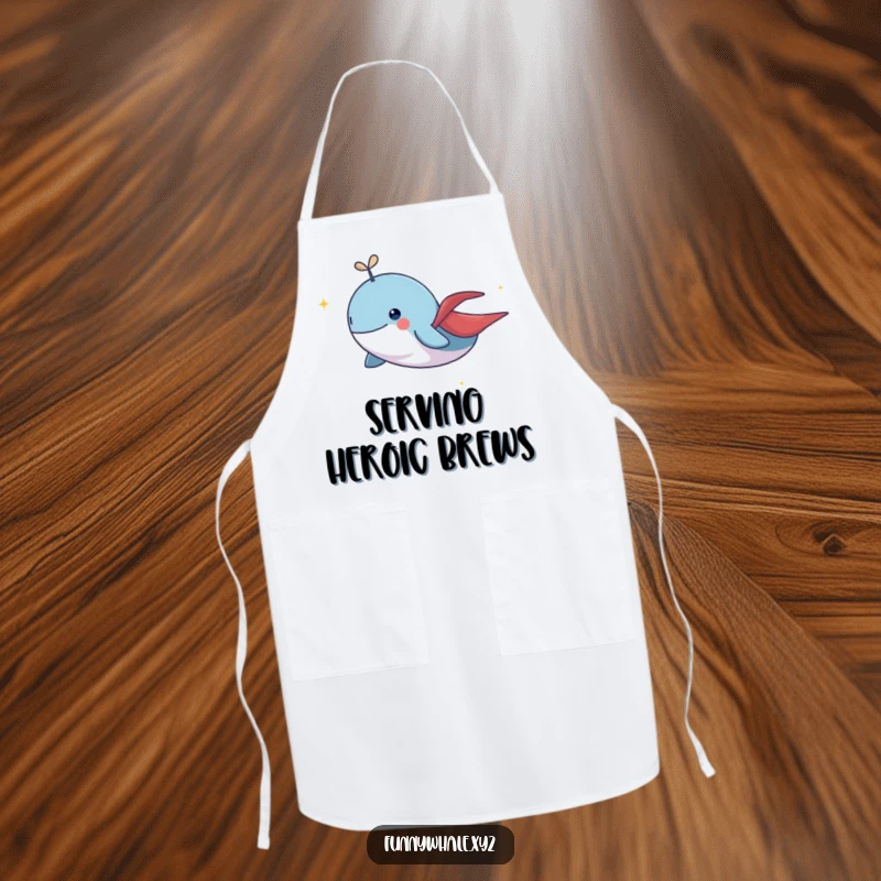 Funny whale wearing a small cape, flying with a shimmering trail, a humorous apron for aspiring kitchen heroes.