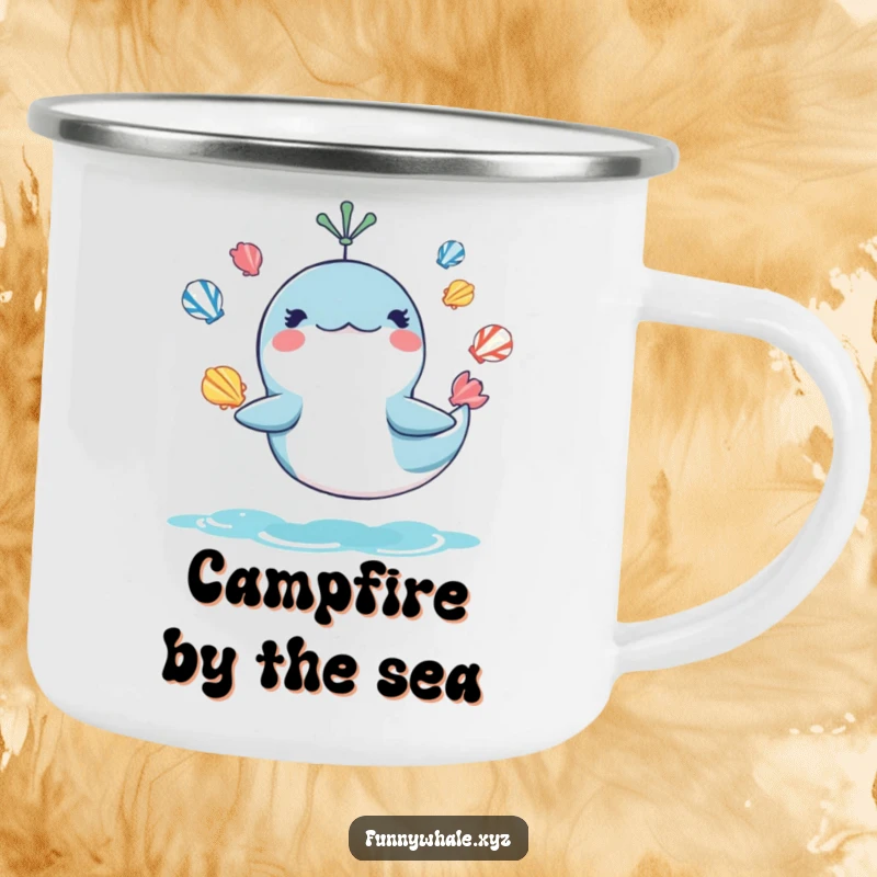 Funny camping mug showing a mischievous whale juggling seashells, ideal for outdoor trips and as a humorous funny gift.