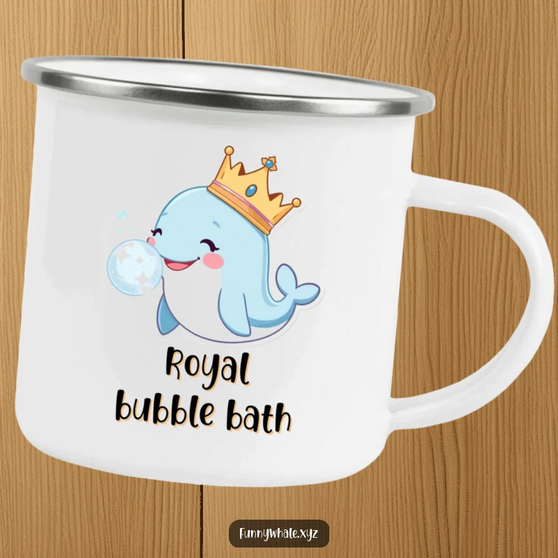 Smiling whale wearing a crown blows a large, sparkly bubble on a durable camping mug for outdoor royalty.