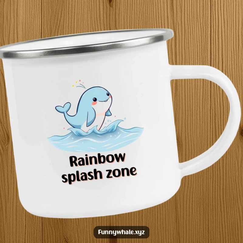Cute whale character leaping joyfully, spraying rainbow mist on a durable camping mug for outdoor magic.