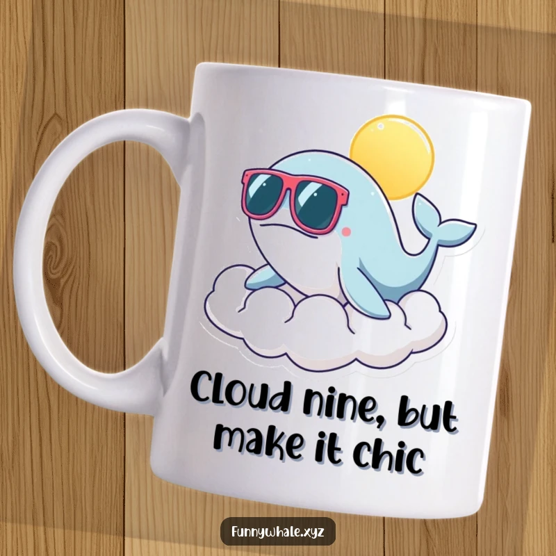 Funny whale wearing oversized sunglasses relaxing on a fluffy cloud, embodying pure chill and summer vibes, perfect for a mug gift.