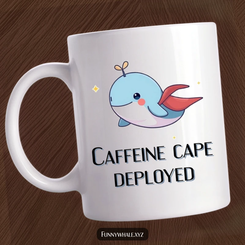 Funny whale character with a small cape soaring through the sky, leaving a sparkling trail, a whimsical and funny mug.
