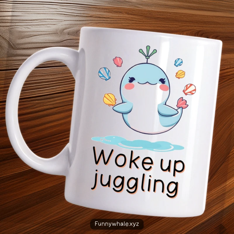 Funny mug showcasing a mischievous whale expertly juggling colorful seashells with a playful expression, perfect for sea lovers.