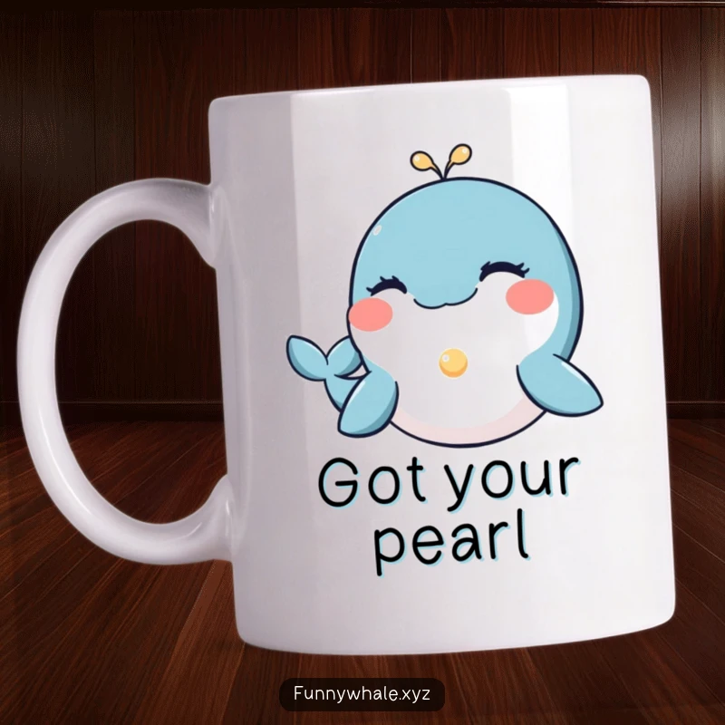 Funny whale winking kindly while offering a small, luminous pearl, a charming and humorous mug design.