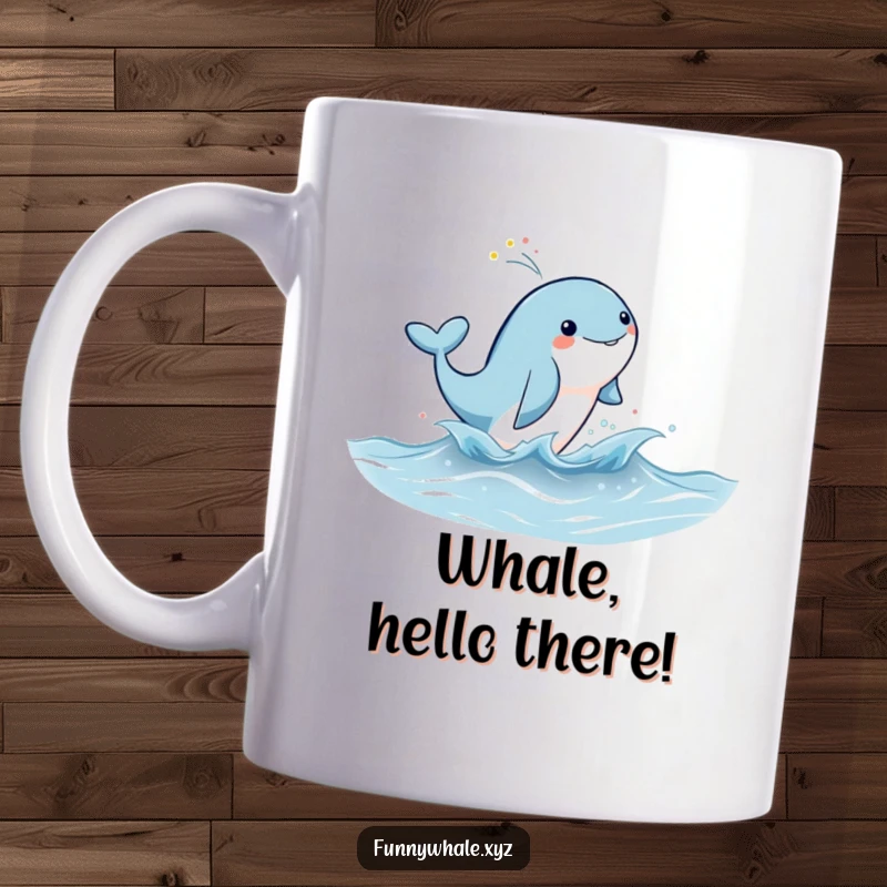Cute whale character joyfully leaping high out of the water, creating a vibrant spray of rainbow mist on a mug.