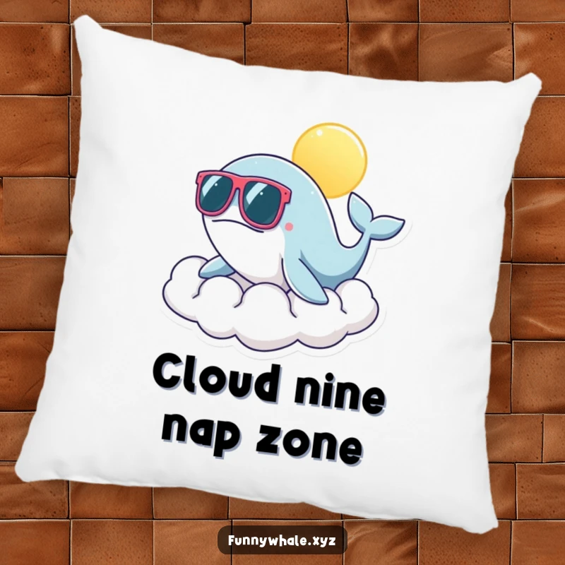 Soft pillow featuring a funny whale in oversized sunglasses relaxing on a sunny cloud, adding a humorous touch to any couch.