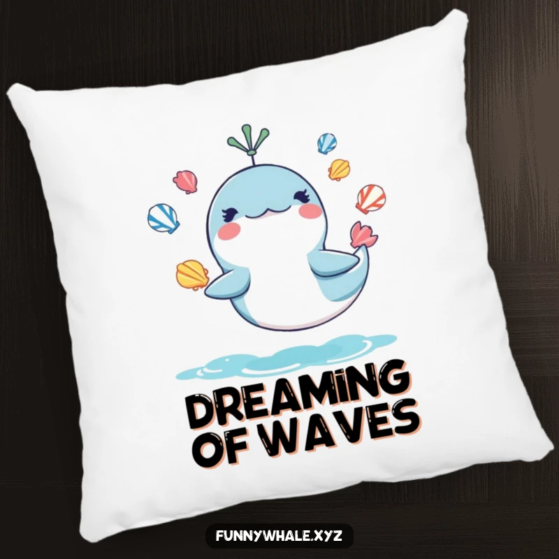 Funny pillow design of a mischievous whale juggling seashells, providing comfort and ocean humor, a perfect funny gift.