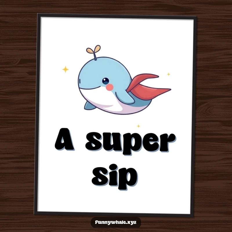 Funny whale in a small cape flying dynamically, leaving a sparkling trail, a humorous digital art print for magical spaces.