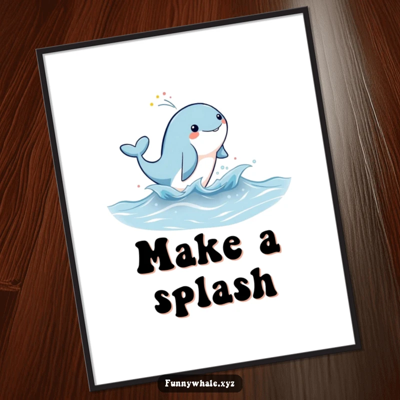 Cute whale character joyfully leaping from the water, spraying rainbow mist, available as an instant download digital art print.