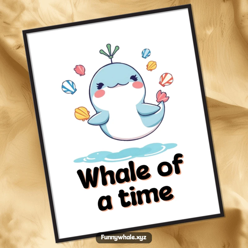 Funny digital art print of a mischievous whale juggling seashells, perfect for instant ocean decor and as a funny gift.