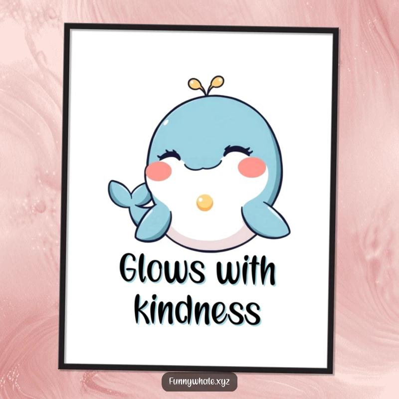 Funny whale with a friendly wink offering a small, glowing pearl, a serene and humorous digital art print for gentle decor.