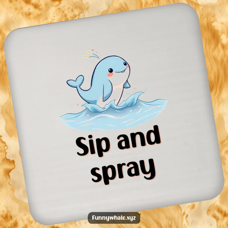 Cute whale character leaping joyfully, spraying rainbow mist on a coaster, adding magical charm and surface protection.
