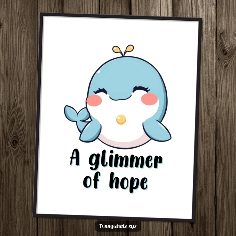 Funny whale with a friendly wink offering a small, glowing pearl, a serene and humorous poster for peaceful decor.