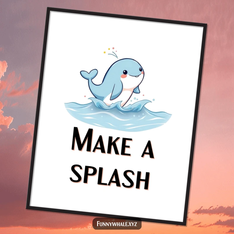 Cute whale character leaping joyfully from the water, creating a colorful rainbow mist in this amusing art print.