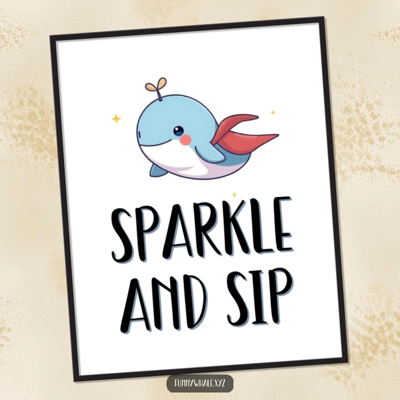 Funny whale in a tiny cape flying heroically, leaving a sparkling trail, a magical and humorous poster for art lovers.