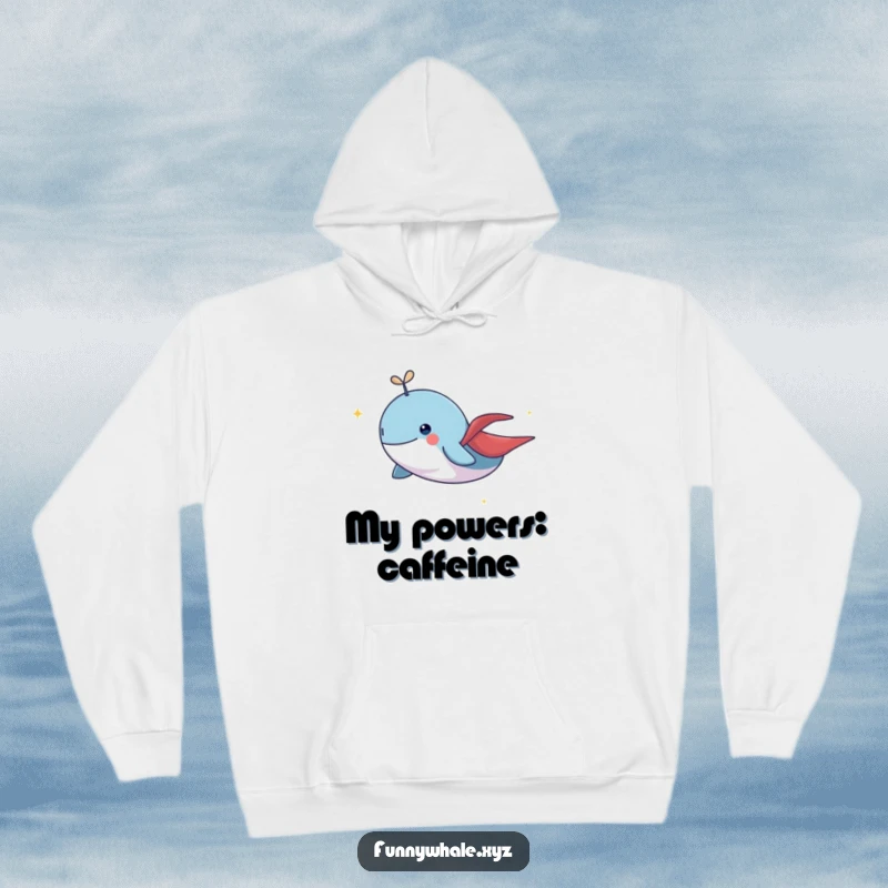 Comfortable hoodie showcasing a funny whale hero in a cape, flying with a magical sparkling trail, great for cozy days.