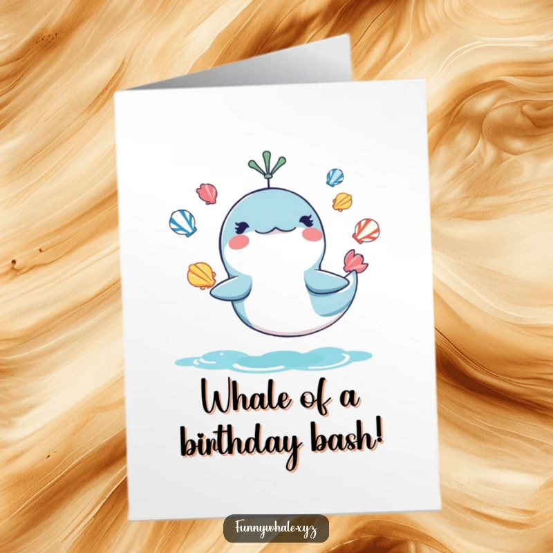 Funny free printable birthday card with a mischievous whale juggling colorful seashells, bringing oceanic birthday wishes.