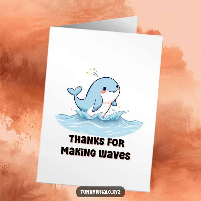 Funny Free Printable Thank You Card: A happy whale leaping from water, creating a beautiful rainbow mist, a magical thank you.