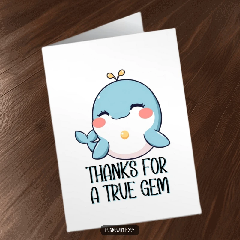 Funny Free Printable Thank You Card: Whale offering a glowing pearl with a friendly wink, a precious thank you. Downloadable.
