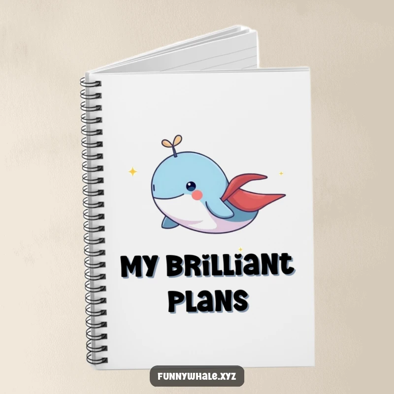 Funny whale in a cape flying with a sparkling trail, a humorous notebook for capturing heroic thoughts and adventures.