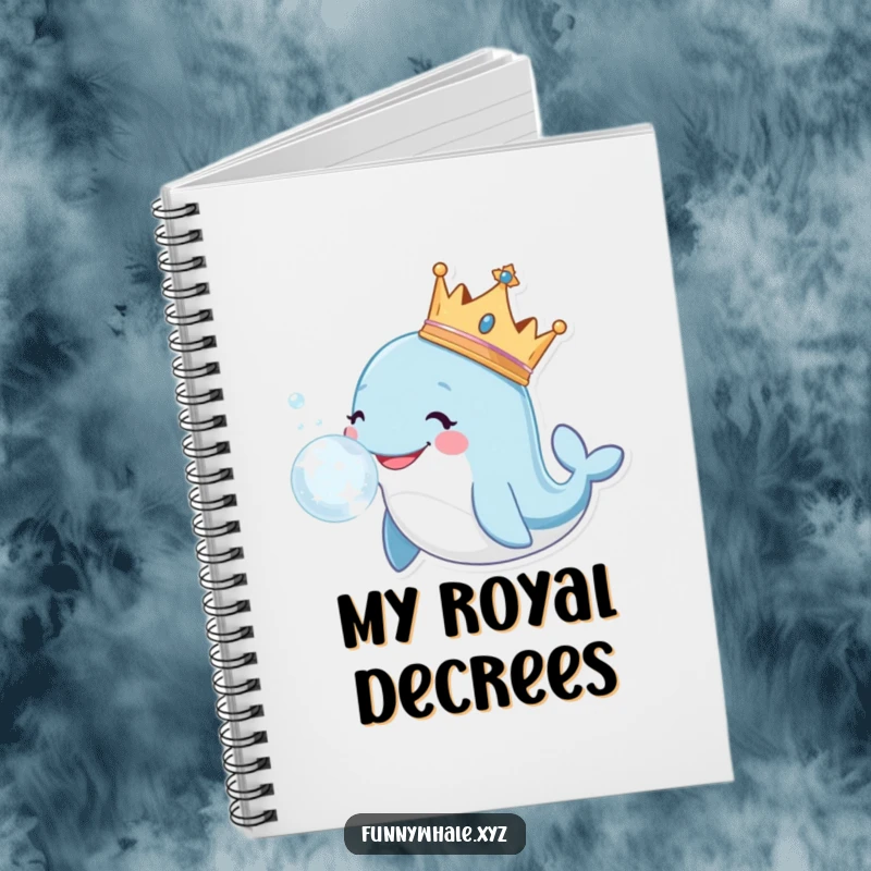 Smiling whale wearing a crown blows a large, sparkly bubble on the cover of a notebook for royal minds.