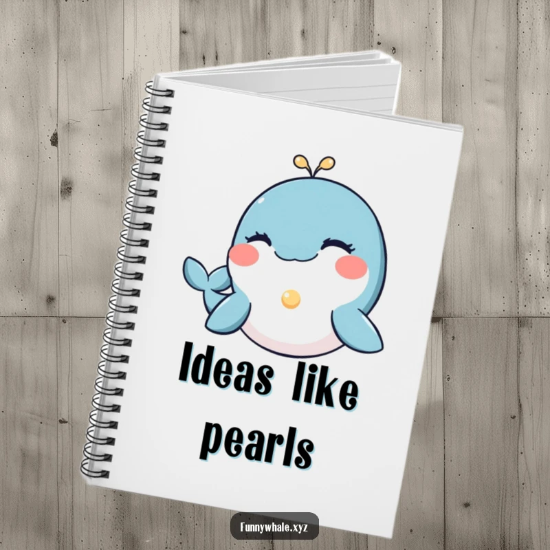 Funny whale with a wink offering a glowing pearl, a humorous notebook cover for jotting down ideas with gentle inspiration.