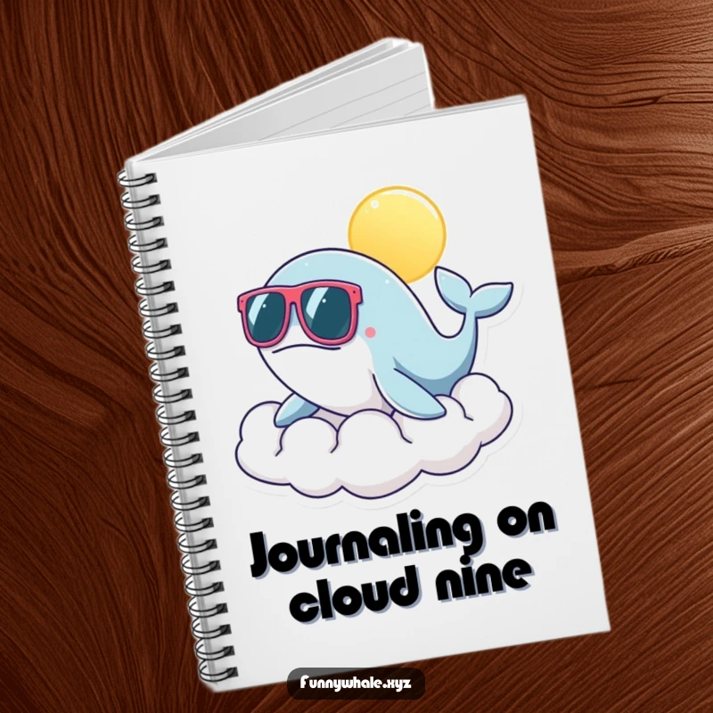 Funny whale in oversized sunglasses on a sunny cloud, a humorous notebook cover for jotting down thoughts with sunny flair.