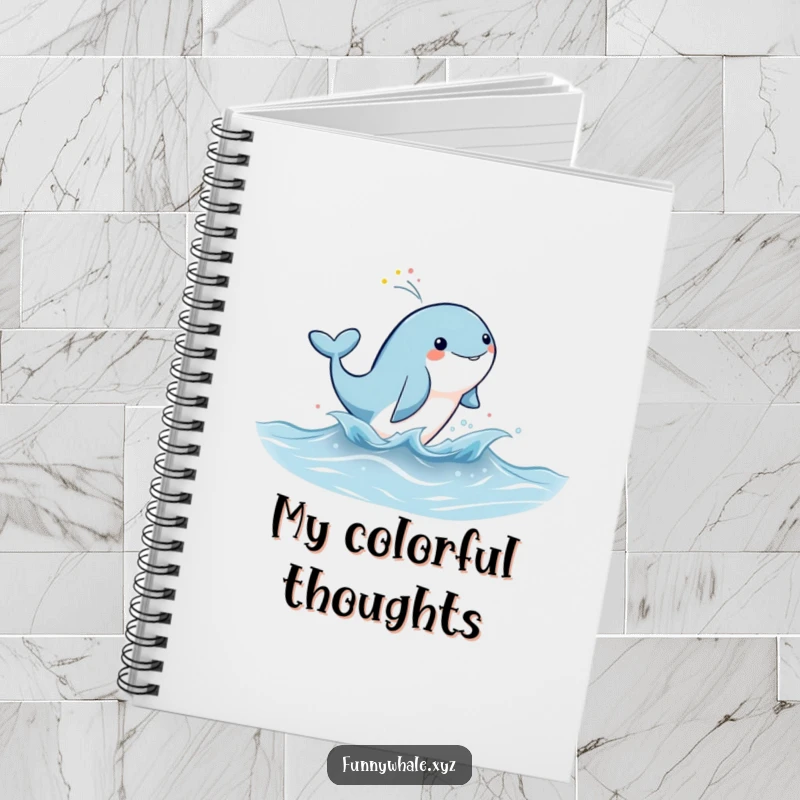 Cute whale character leaping joyfully, spraying rainbow mist on the cover of a notebook for creative minds.