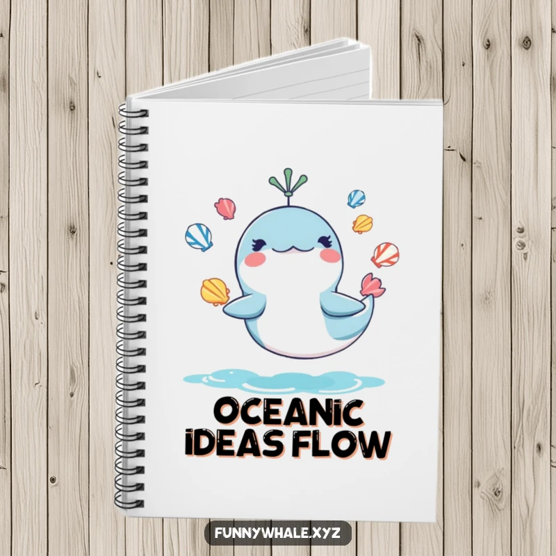 Funny notebook cover art of a mischievous whale juggling seashells, perfect for journaling and as a humorous funny gift.