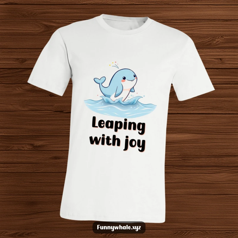 Funny whale leaping energetically out of the water, spraying a colorful rainbow mist on a soft t-shirt.