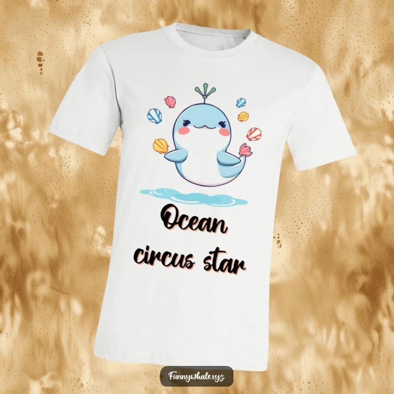 Funny t-shirt design of a whale juggling seashells with a mischievous grin, bringing ocean-themed humor as a funny gift.