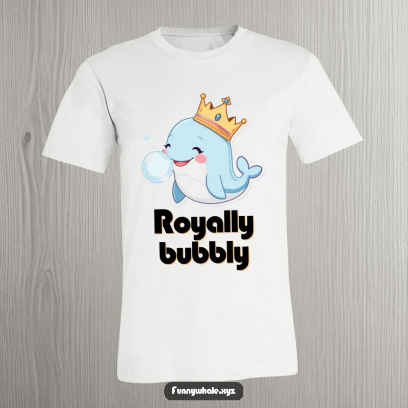 Funny whale wearing a crown, blowing a large, shimmering bubble with a happy smile on a comfortable t-shirt.