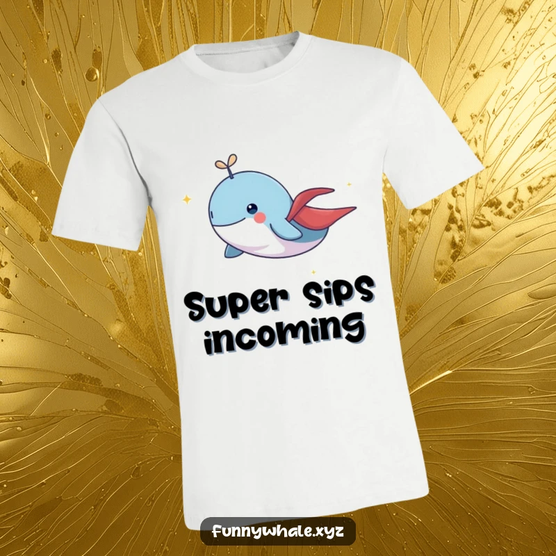 Funny whale in a tiny cape flying with a sparkling trail, a heroic and humorous t-shirt for fantasy lovers.