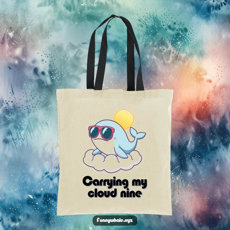 Funny whale in big sunglasses basking on a fluffy cloud, a fun and practical tote bag for sunny days and humor lovers.