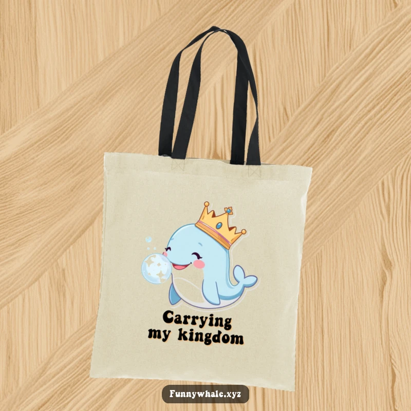 Funny whale wearing a crown blows a large, sparkly bubble on a durable tote bag, perfect for carrying essentials.